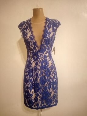 Aidan by Aidan Mattox Royal Blue Floral Lace Plunge Mini Dress
